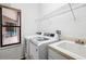 Laundry room with washer, dryer, utility sink, and pool view at 9105 Flagstick Ln, Hudson, FL 34667