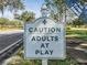 White sign with green lettering reading: Caution Adults at Play at 1413 Morning Rose Pl, Trinity, FL 34655