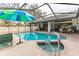 Refreshing screened-in pool and spa, complemented by an umbrella for shade and relaxation at 5286 Hamlet Cir, Spring Hill, FL 34606