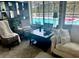 Sunroom with comfy seating and view of the pool and lush greenery at 1624 Sea Breeze Dr, Tarpon Springs, FL 34689