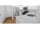 A close up of the modern kitchen features white cabinets and stainless steel appliances at 5173 Pacific Ave, Spring Hill, FL 34607