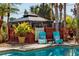 Poolside gazebo with seating and tropical plants at 3308 Oleander Dr, Hernando Beach, FL 34607