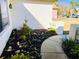 Landscaped walkway with seashell-mulched garden beds at 7240 Dogleg Ct, Port Richey, FL 34668