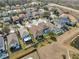 Aerial view of neighborhood showcasing homes, pools, a community lake, and lush landscaping at 18819 Sunterra Dr, Land O Lakes, FL 34638