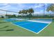 Outdoor pickleball courts with blue playing surfaces, green surroundings, and high net fencing at 11008 Torrey Pines Ct, Hudson, FL 34667