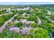 Aerial view of the neighborhood and the community pool surrounded by trees and lush landscaping at 3038 Eastland Blvd # F103, Clearwater, FL 33761
