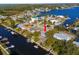 Aerial view of home, showcasing canal-front location, dock, and easy access to the bay at 8225 Channel Dr, Port Richey, FL 34668