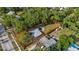 Aerial view of the home, highlighting property lines, a pool, patio, lush greenery, and backyard surrounded by trees at 1101 N Betty Ln, Clearwater, FL 33755