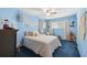 Cozy bedroom features calming blue walls, carpet, and furnishings at 6002 Laketree Ln # L, Temple Terrace, FL 33617