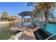 Private boat dock on a canal, including boat lift and canopy for covered parking and protection from the elements at 7235 Maryland Ave, Hudson, FL 34667