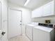 Bright laundry room featuring a washer, dryer, white cabinets, and a door to the outside at 8447 Pavilion Dr, Hudson, FL 34667