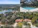 Aerial view of home showcasing the pool, property outline, mature trees, and water view at 4603 Lake In The Woods Dr, Spring Hill, FL 34607