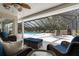 Inviting outdoor patio with a swimming pool, hot tub, comfortable seating, and screened enclosure at 4603 Lake In The Woods Dr, Spring Hill, FL 34607