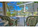 Relaxing patio with wicker furniture overlooking a lake at 8047 Victoria Falls Cir, Sarasota, FL 34243