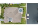 Bird's-eye view of home, pool, and private boat dock at 302 Americas Cup Blvd, Bradenton, FL 34208