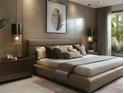 This bedroom features neutral tones, creating a soothing aesthetic, with hanging bedside lamps and a large picture on the wall at 1305 4Th St # 402P, Sarasota, FL 34236