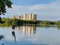 Great blue heron stands in calm water with condo in background at 9393 Midnight Pass Rd # 201, Sarasota, FL 34242