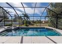 Screened-in pool and spa with fountain feature, offering backyard privacy at 1743 Pinyon Pine Dr, Sarasota, FL 34240