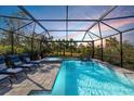 Enclosed pool area with spa, lounge chairs, and a sunset view at 6299 Crested Eagle Ln, Nokomis, FL 34275