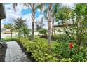 Landscaped yard with palm trees, lush greenery and a walkway at 15910 Clear Skies Pl, Bradenton, FL 34211
