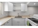 White kitchen cabinets, granite countertops, and stainless steel appliances at 4001 Beneva Rd # 208, Sarasota, FL 34233