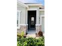 Inviting front entryway with a charming stone accent and a dark wood door at 8307 Trimbelle Ter, Parrish, FL 34219