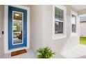Modern blue front door with glass panels and white trim at 12213 Streambed Dr, Riverview, FL 33579