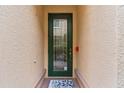 Green front door with glass panels and a decorative doormat at 3665 Square West Ln # 13, Sarasota, FL 34238
