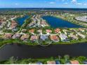 Aerial view showcasing a single-Gathering house nestled in a neighborhood by a lake at 2905 Seasons Blvd, Sarasota, FL 34240