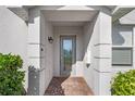 Close-up of the front door entry featuring a brick-paved porch and decorative glass door with sidelights at 14081 Black Beauty Dr # 1111, Punta Gorda, FL 33955