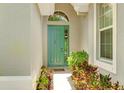 Teal front door with sidelights and potted plants at 11662 Old Cypress Cv, Parrish, FL 34219