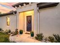 Inviting front door entry with decorative wreath and potted plants at 8501 Starlight Loop, Parrish, FL 34219