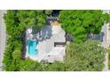 Bird's-eye view of a house with pool, surrounded by lush greenery at 567 Venice Ln, Sarasota, FL 34242