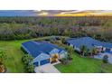 Aerial view of a well-maintained single-Gathering home with lush landscaping and a private backyard pond at 16307 29Th E Ct, Parrish, FL 34219