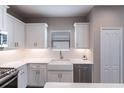 A white kitchen with stainless steel appliances, a farmhouse sink, and a white countertop at 4739 Willow Bend Ave, Parrish, FL 34219