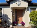 Front entrance with brown door and colorful potted plants at 5814 Cavano Dr, Sarasota, FL 34231