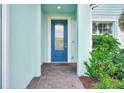 Close-up of the home's entry featuring a blue front door and lush landscaping at 17395 Palmetto Pass Ln, Punta Gorda, FL 33982