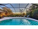 Relaxing screened-in pool area offering a sparkling pool, comfortable lounge chairs, and lush scenery at 14510 Leopard Creek Pl, Lakewood Ranch, FL 34202