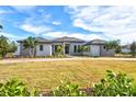 Spacious single-story home with modern architectural details, lush green lawn, and mature palm trees at 8487 Lindrick Ln, Bradenton, FL 34202