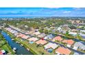 An aerial view shows a waterfront home with a pool and a canal leading out to the bay at 104 Inlets Blvd # 104, Nokomis, FL 34275