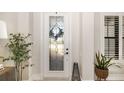 Elegant foyer featuring decorative glass front door and sidelight, paired with white trim and light walls at 20078 Elegante Ct, Venice, FL 34293