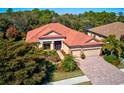 Beautiful home with a red tile roof, paver driveway, and lush tropical landscaping, surrounded by mature trees and well-maintained lawn at 20909 Loggia Ct, Venice, FL 34293