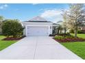 Single-story home with a large driveway, attached two-car garage, manicured lawn, and vibrant flower beds at 11231 Woodlake Way, Parrish, FL 34219