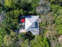 Aerial view of secluded home nestled in lush greenery with unique roofline at 2613 Temple St, Sarasota, FL 34239