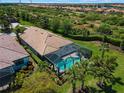 Aerial shot of the backyard with a screened-in pool, lush lawn, and tropical landscaping at 13948 Miranese St, Venice, FL 34293