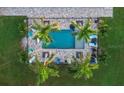 Aerial view of refreshing blue pool, surrounded by palm trees and lounge chairs at 5870 Hornbuckle Blvd, North Port, FL 34291