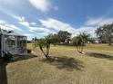 Spacious backyard with grassy area, palm trees, and screened enclosure at 2219 Bengal Ct, Punta Gorda, FL 33983