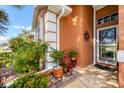 Close-up of front entry featuring decorative plants and a secure storm door at 1771 Scarlett Ave, North Port, FL 34289