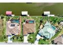 Aerial view of three waterfront homes with pools and docks at 15706 Viscount Cir, Port Charlotte, FL 33981