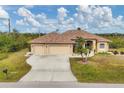 Tan house with three-car garage and lush landscaping at 116 Hercules Dr, Rotonda West, FL 33947